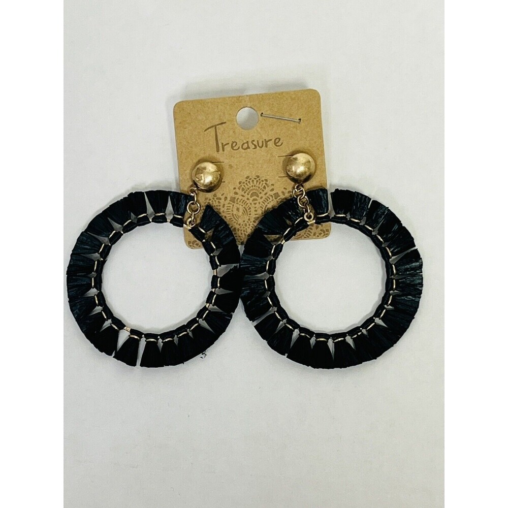 Treasure Black Earrings Hoop Goldtone Raffia Fan DFE0005